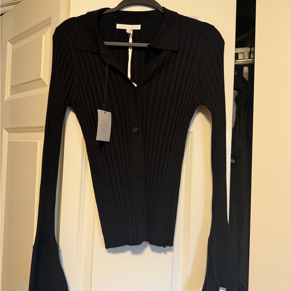 More To Come Revolve Black Ribbed Button-Up Women's Top